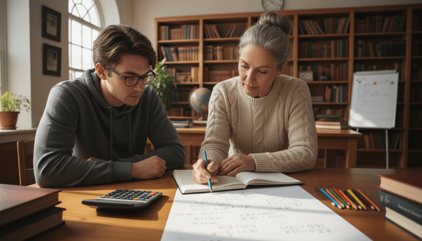 Math tutor working one-on-one with student at desk with equations and study materials