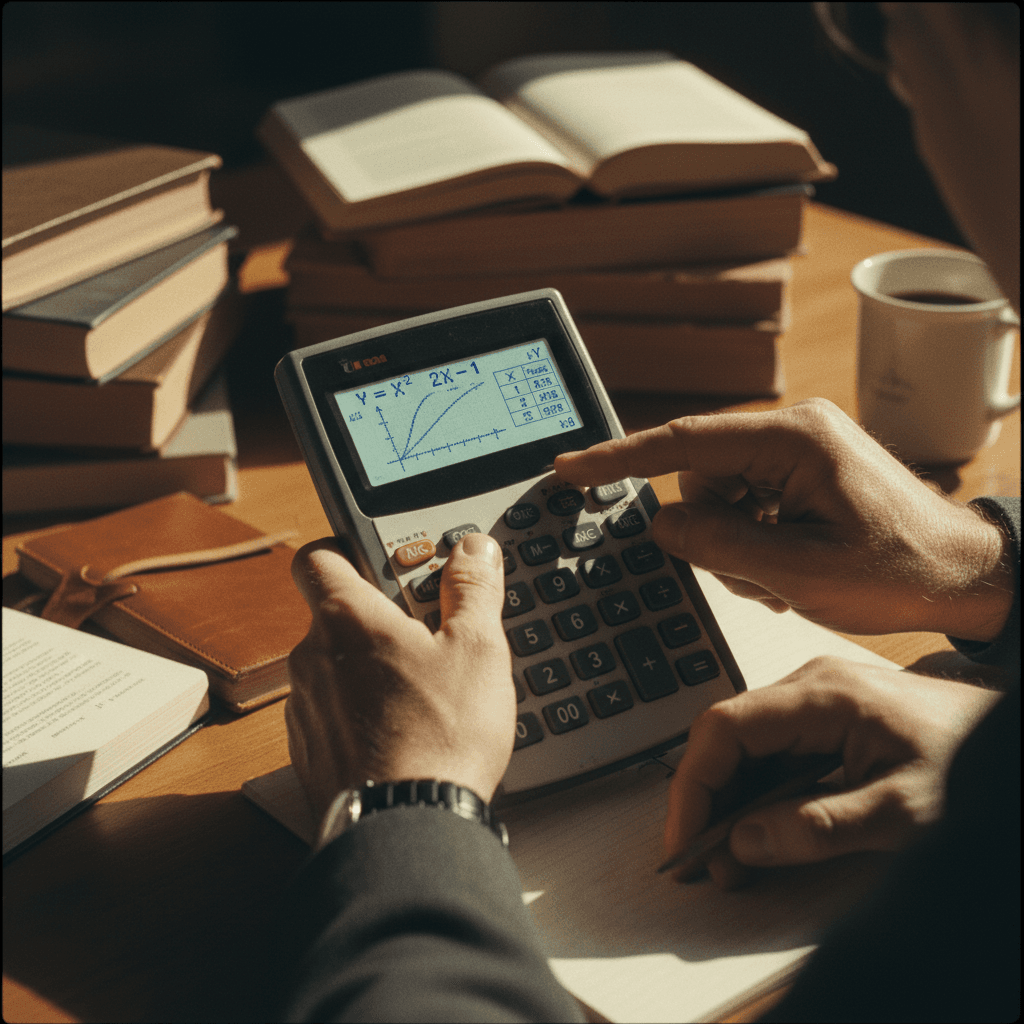 Professor demonstrating graphing calculator for mathematical problem-solving