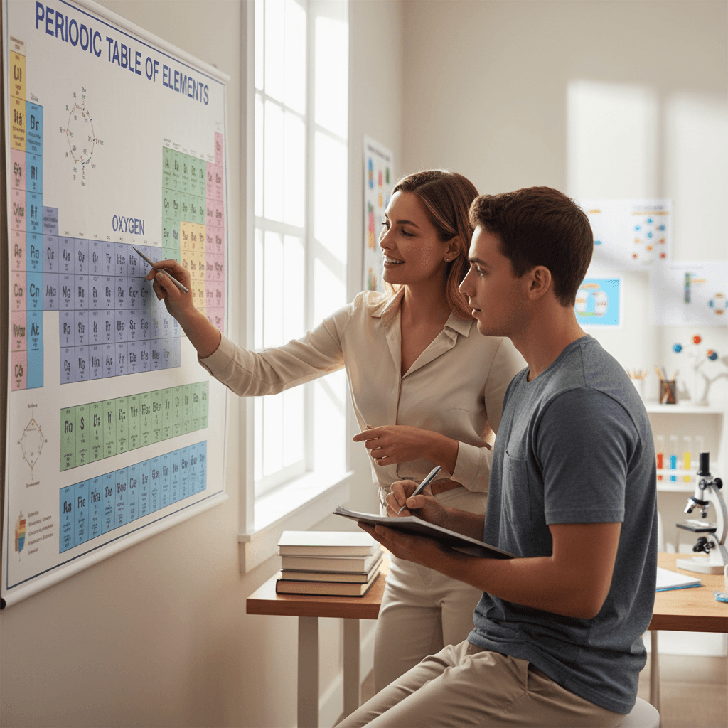Science tutor and student studying periodic table together