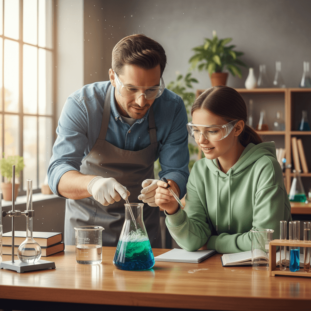Science tutor guiding student through hands-on chemistry experiment