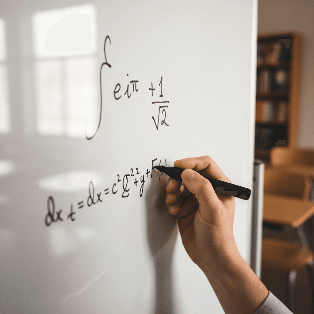 Mathematics professor writing equations on whiteboard during tutoring session
