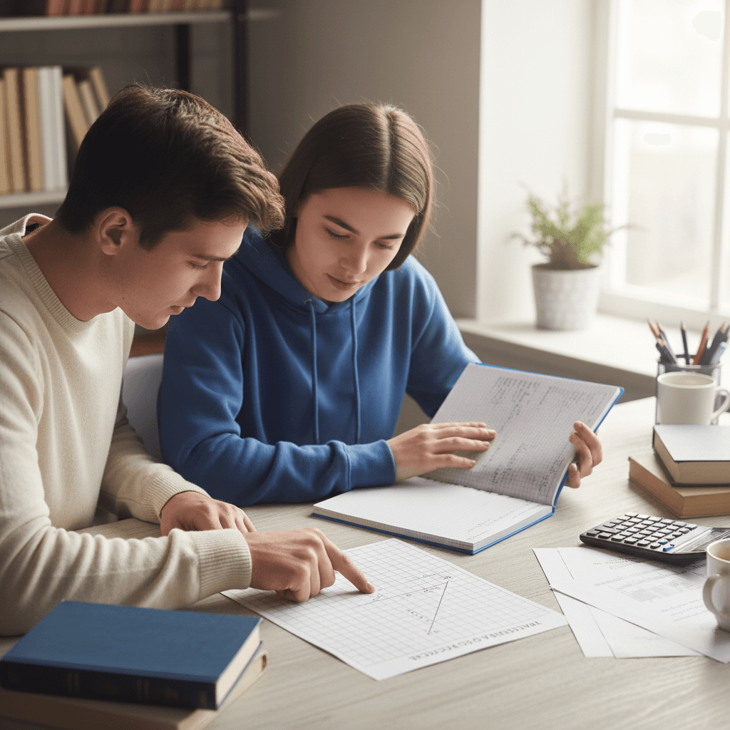 Tutor and student reviewing physics concepts at study desk