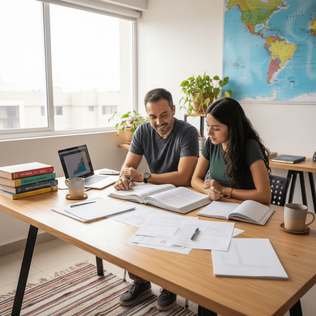 Complete tutoring session setup in comfortable home environment