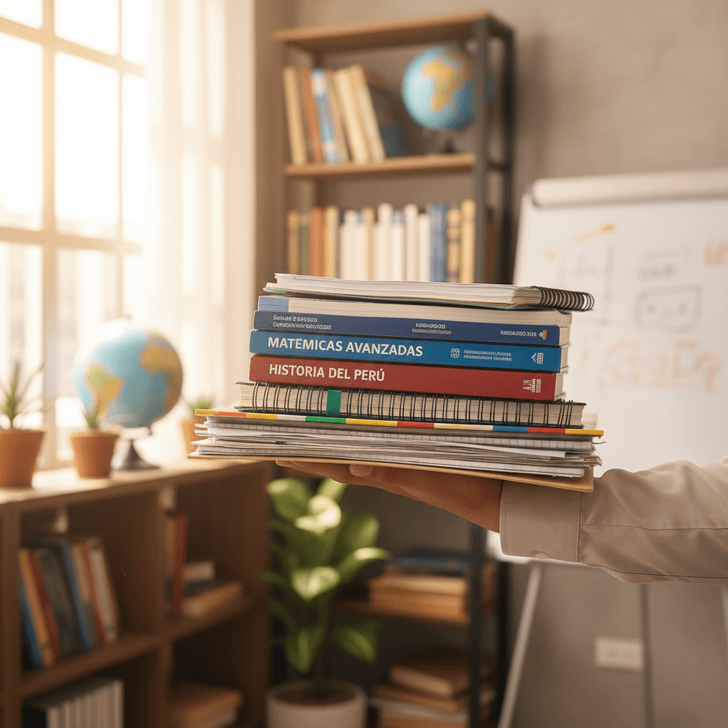 Professor holding diverse educational materials and textbooks