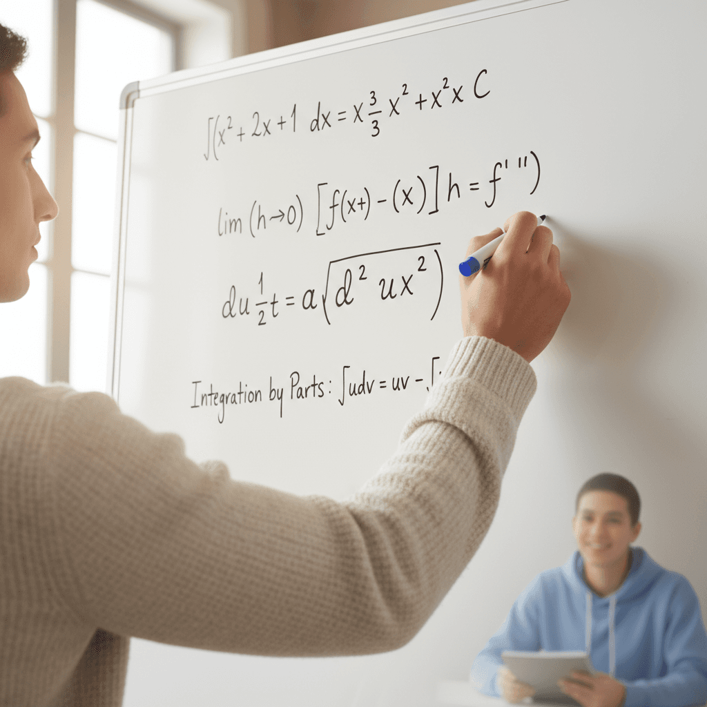 Mathematics professor writing equations on whiteboard during tutoring session
