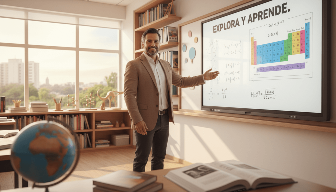 Anibal Sanchez, founder of Vektor Academia, in a modern tutoring space with educational materials