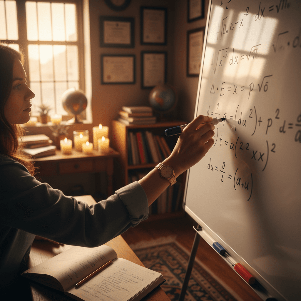 Mathematics professor writing equations on a whiteboard during instruction