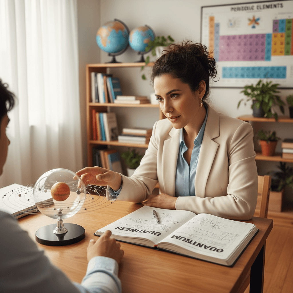 Physics professor demonstrating concept with visual teaching model