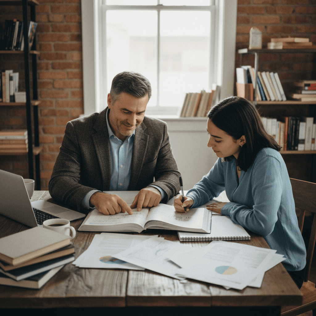 Tutor and student working through academic material at study table
