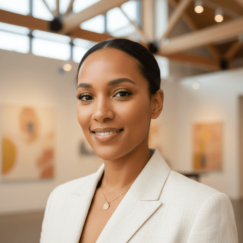 Portrait of confident female founder smiling warmly, wearing cream linen blazer in modern community space