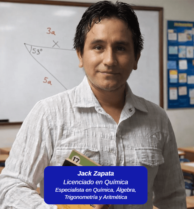 Jack Zapata, a chemistry and math specialist, posing in front of a classroom whiteboard.